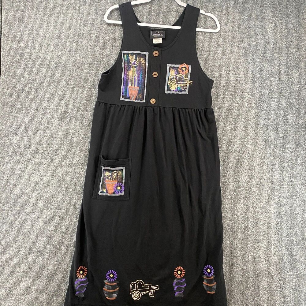 LA Artwear‎ Dress Womens L Black Flowers Garden V-Line Sleeveless Long Artsy Bid